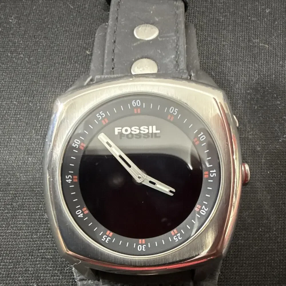 Mens Fossil Big Tic BG-2148 Wide Leather Cuff New Batteries Red/Black Dial 40mm